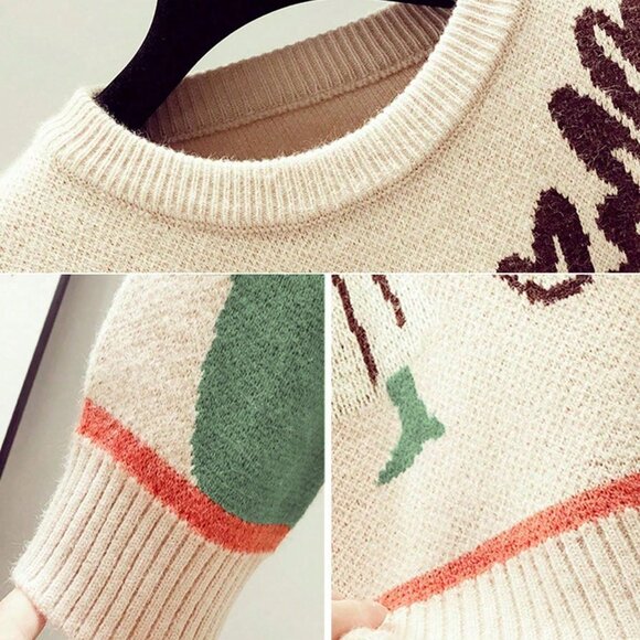 Khaki Casual Women's Cartoon Long Sleeve Knit Sweater - Picture 3 of 4